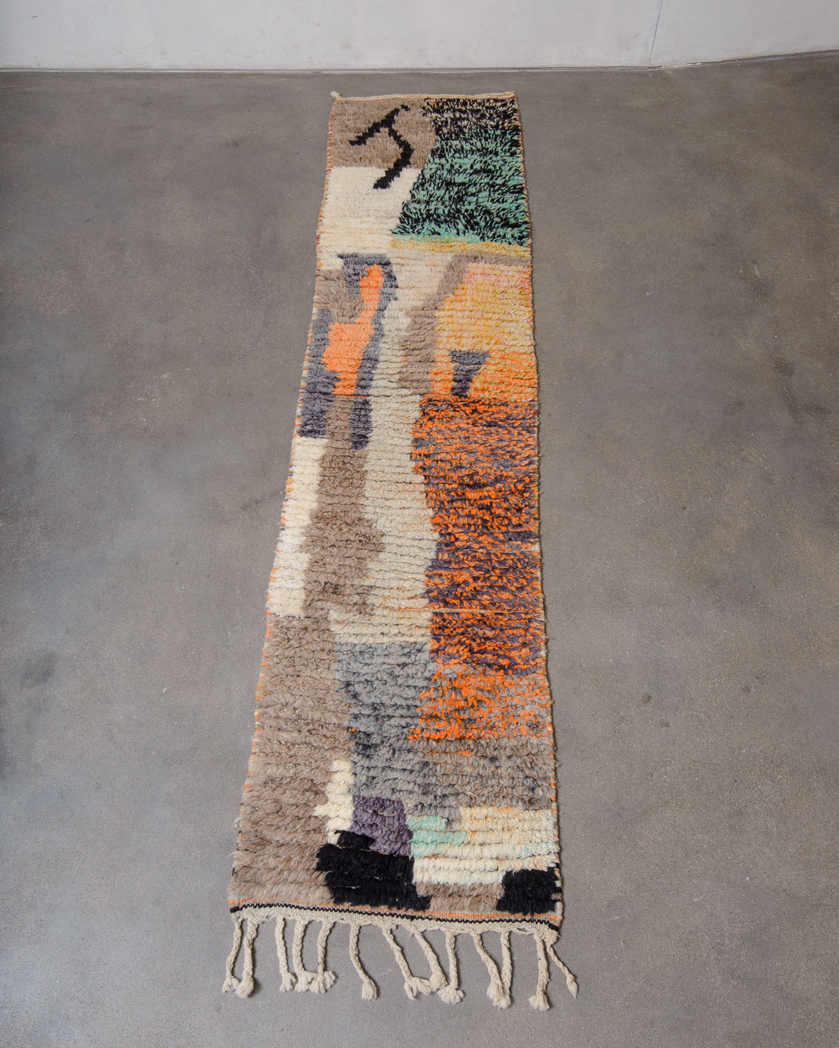 Modern, designer, handcrafted Berber runner rug from Morocco. Vintage carpet with beautiful colours and patterns and fluffy texture.